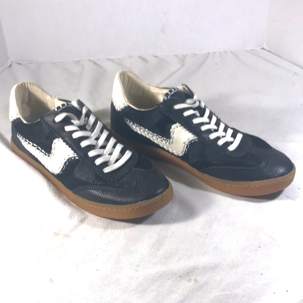 Dolce Vita Women Notice Black Leather & Fur Sneakers with White Stitched Accents